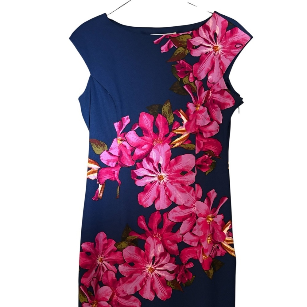 Blue Sheath Cocktail Dress with Pink Floral - Picture 2 of 6